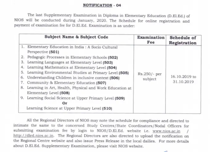 Nios Deled Re Exam 2020 - Course 501 To 510 Date Sheet